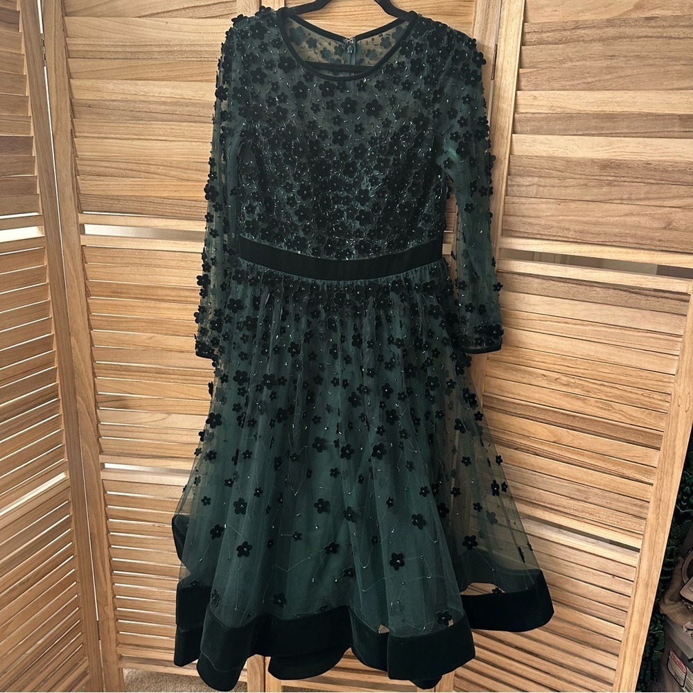 Mac Duggal Embellished Illusion High Neck Long Sleeve Fit & Flare Dress size XL - Picture 6 of 9